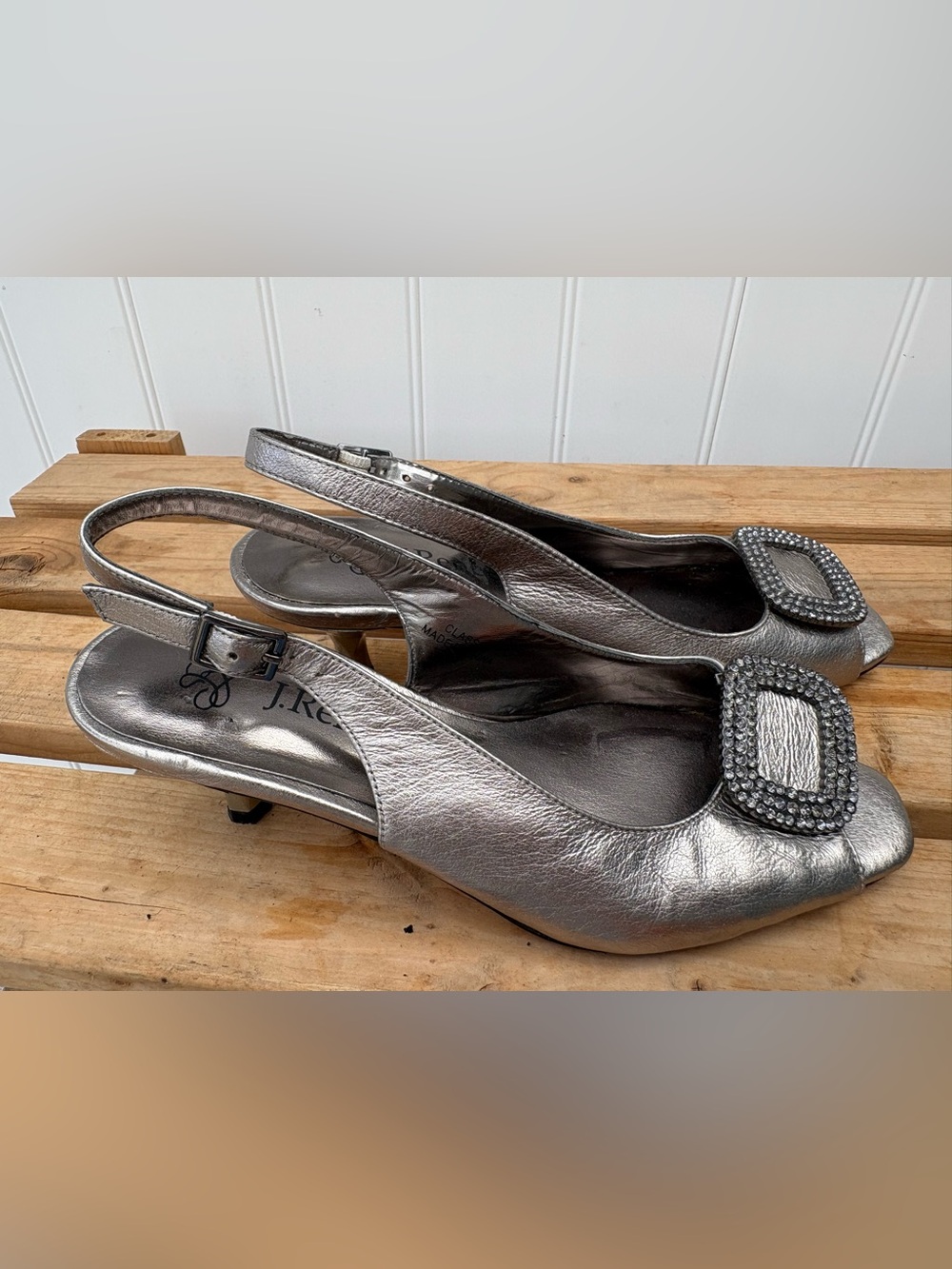 J.Renee Silver Metallic Slingback Heels with Embellished Buckle